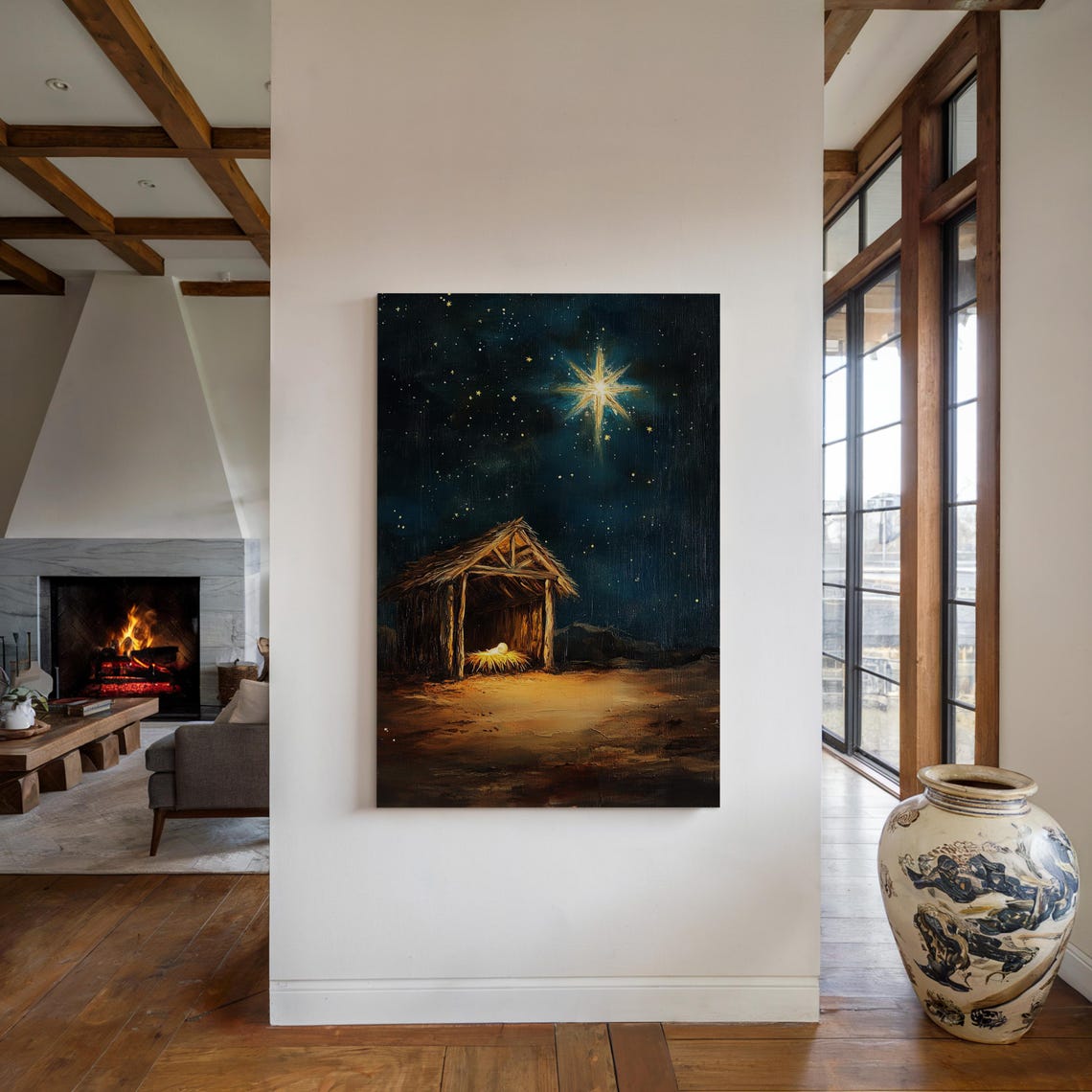 Baby Jesus In Manger At Nativity Stable Under Bright Star Night Poster - Image 5