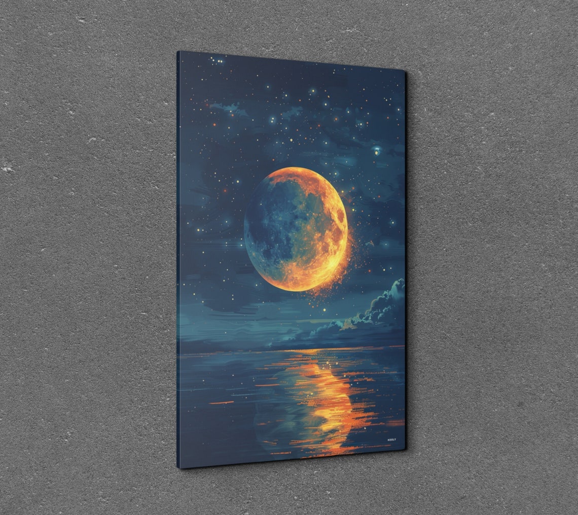 Blood Orange Full Moon Rising Ocean Reflection Starry Night Poster - Image 7