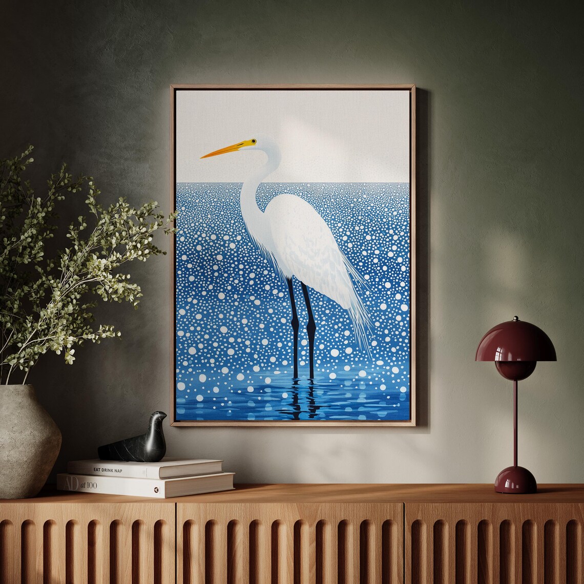 White Egret Standing in Sparkling Blue Water Bird Art Poster - Image 5