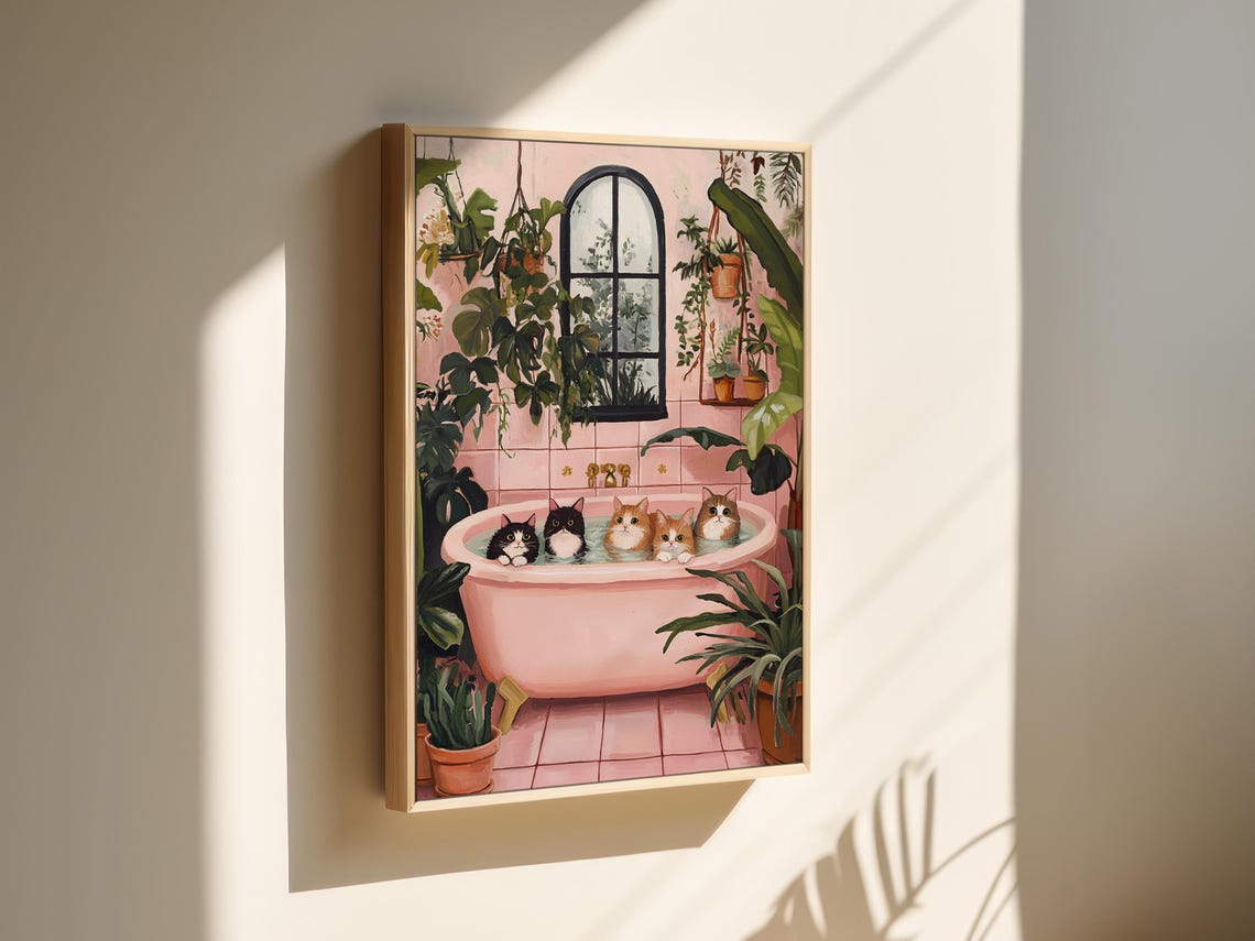 Five Cute Cats In Pink Bathtub Whimsical Bathroom Illustration Poster - Image 4