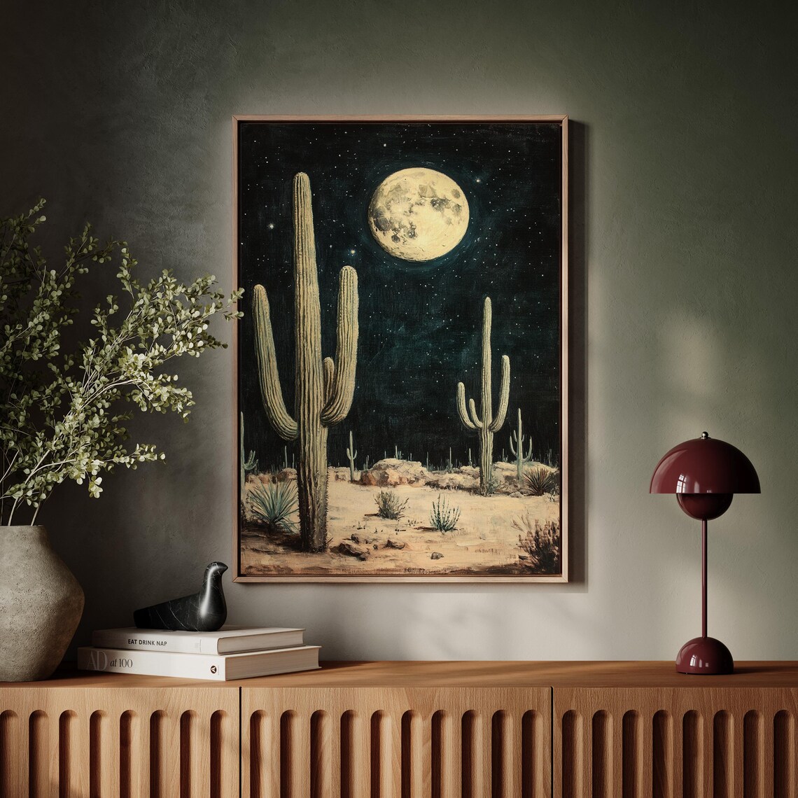 Desert Moonlight Cactus Landscape, Wall Art Print
