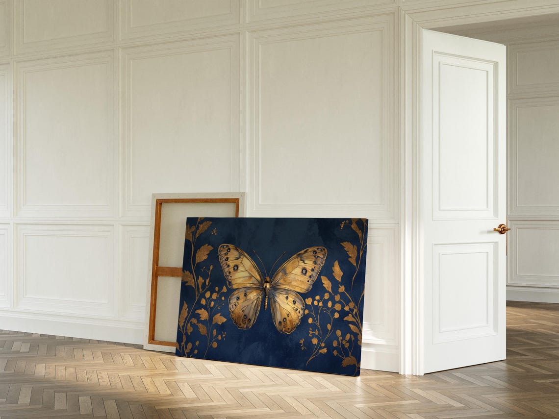 Golden Butterfly Navy Botanical Vintage Elegant Wall Decor Poster - Image 4
