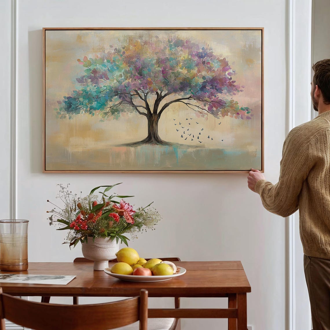 Abstract Pastel Tree With Colorful Leaves And Flying Birds Poster - Image 5