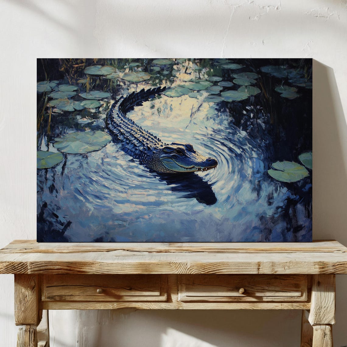 Close Up Alligator in Moonlit Lily Pond Swamp Wildlife Poster - Image 7