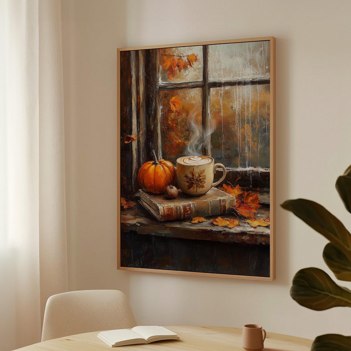 Cozy Autumn Window Pumpkin Spice Latte Fall Leaves Scene Poster