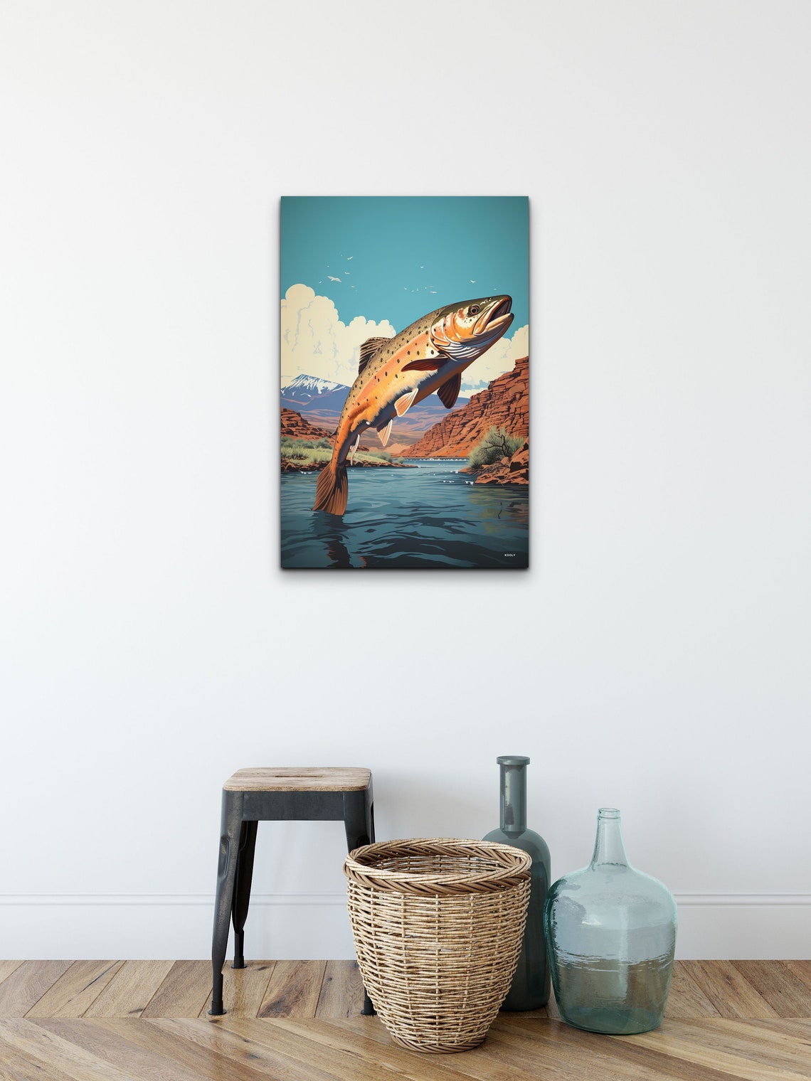 Leaping Brown Trout Over Canyon River Vintage Fishing Art Poster - Image 3