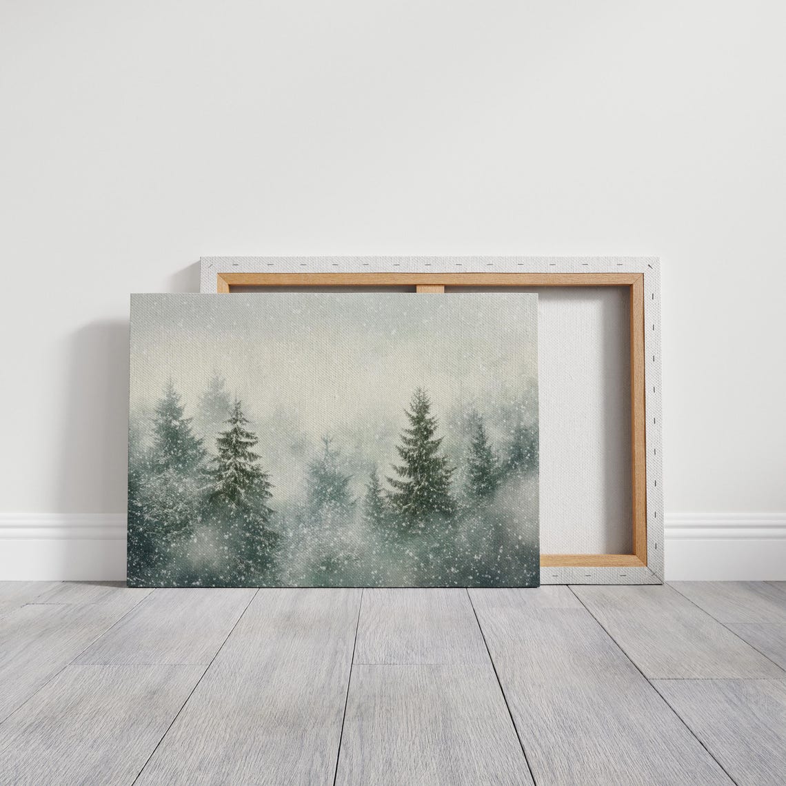 Misty Green Pine Forest In Falling Snow Soft Watercolor Winter Poster - Image 7