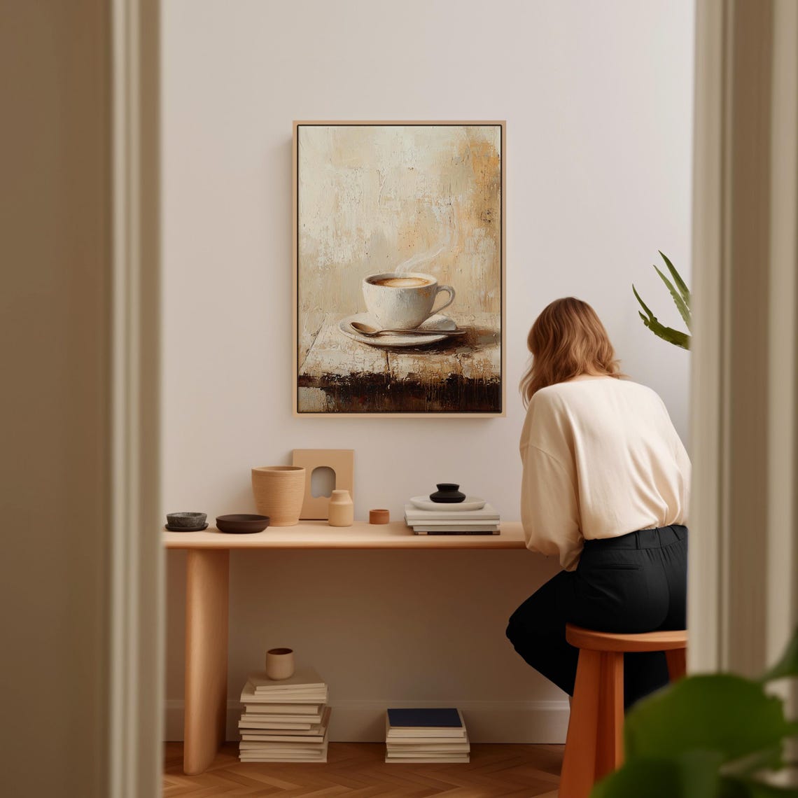 Steaming Coffee Cup Minimalist Beige Still Life Painting Wall Art - Image 6