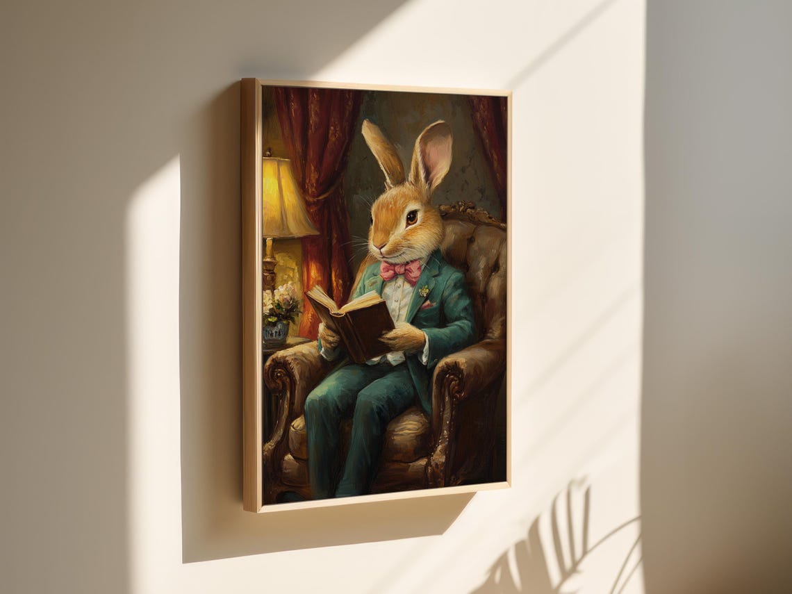 Gentleman Rabbit in Green Suit Reading Book in Library Chair Poster - Image 5