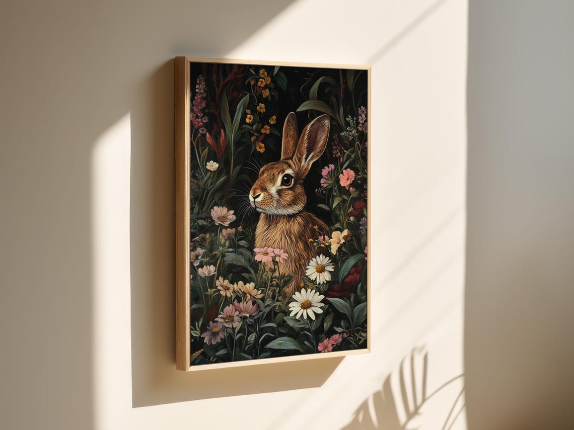 Adorable Brown Rabbit Among Wildflowers Dark Botanical Poster - Image 5