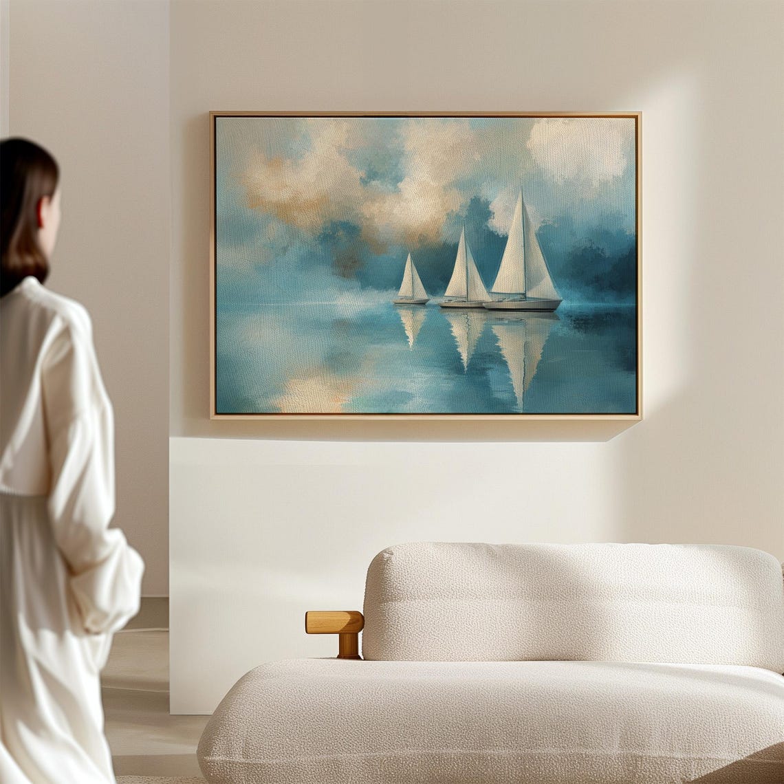 Three White Sailboats On Calm Teal Water Seascape Painting Poster - Image 7