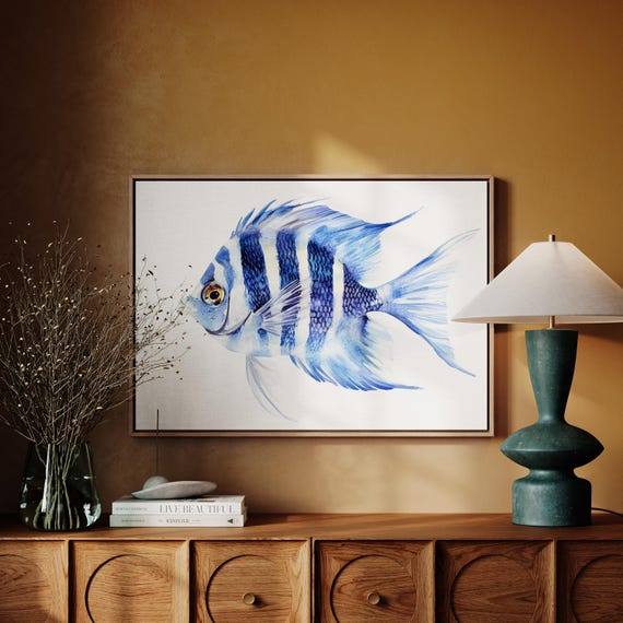 Striking Blue Angel Fish Watercolor Print Elegant Tropical Fish Art Ocean Life Wall Decor Blue And White Fish Art For Coastal Home