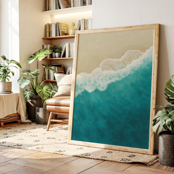 Minimalist Aerial Ocean Wave Teal Sea and Sandy Beach Abstract Poster