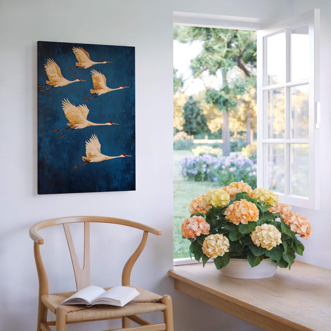 Five White Cranes In Flight On Teal Textured Asian Art Poster - Image 5