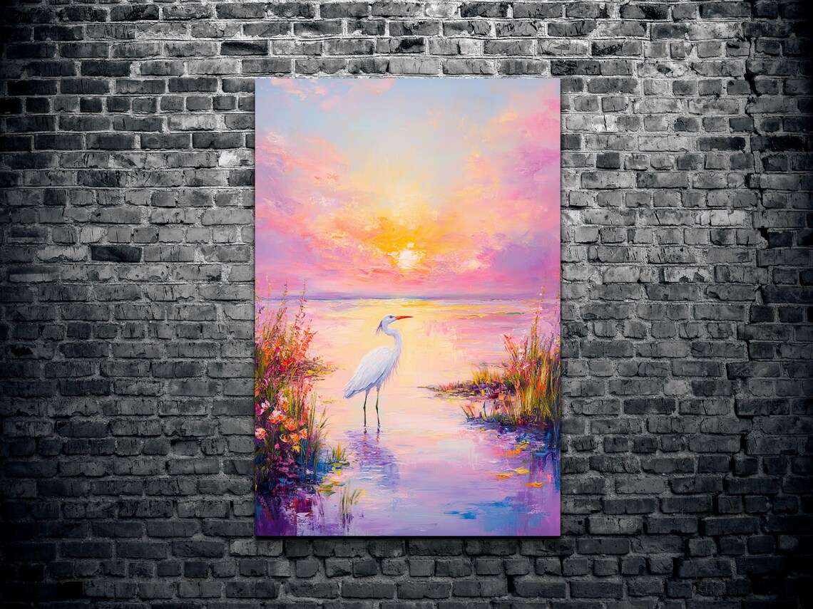 White Egret in Pastel Watercolor Sunset Wetland With Pink Sky Poster - Image 2