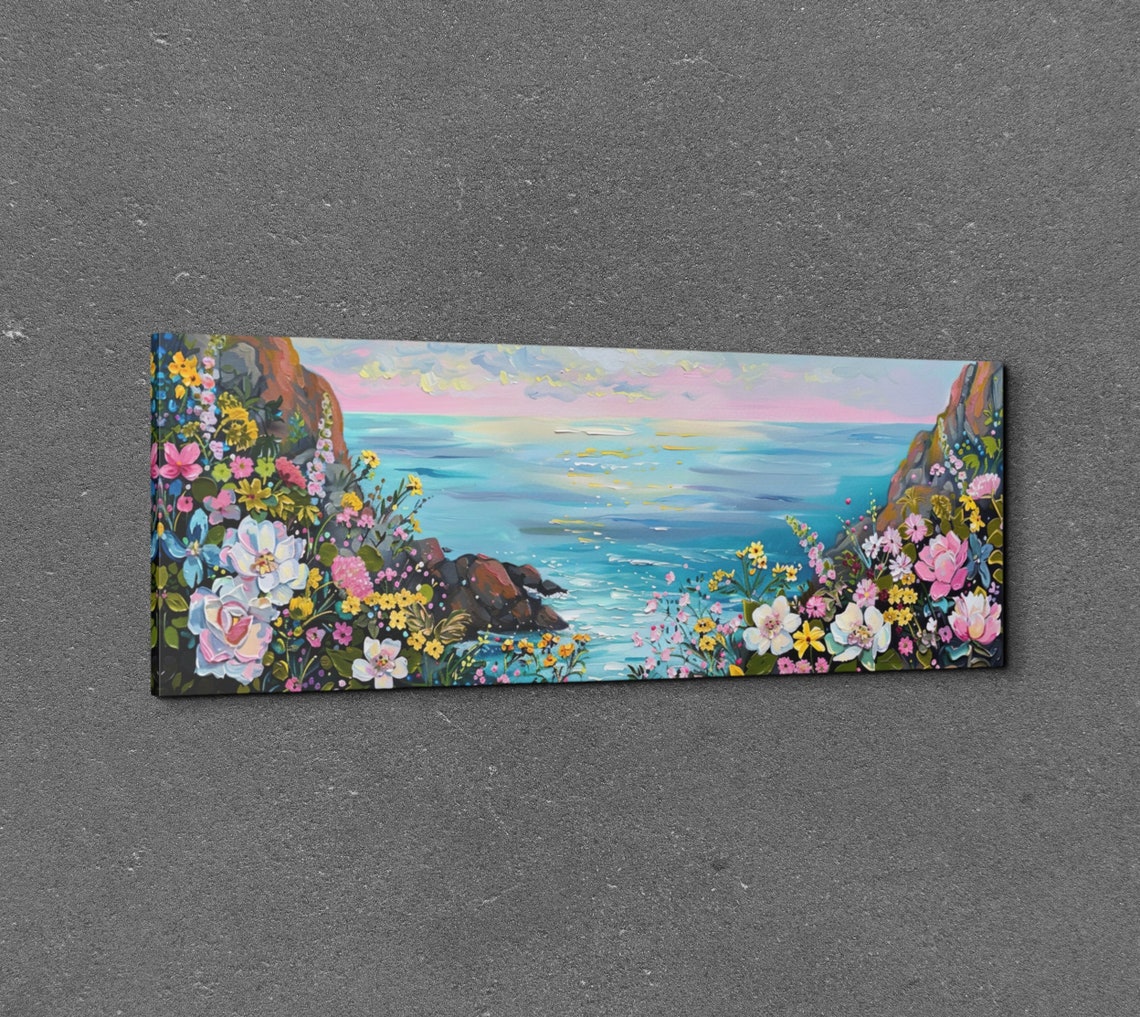 Ocean Cove Between Cliffs Framed by Spring Blossoms Panoramic Poster - Image 3