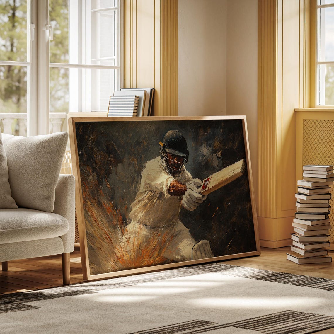 Cricket Batsman Power Hit Close-Up Dramatic Oil Sports Poster - Image 3