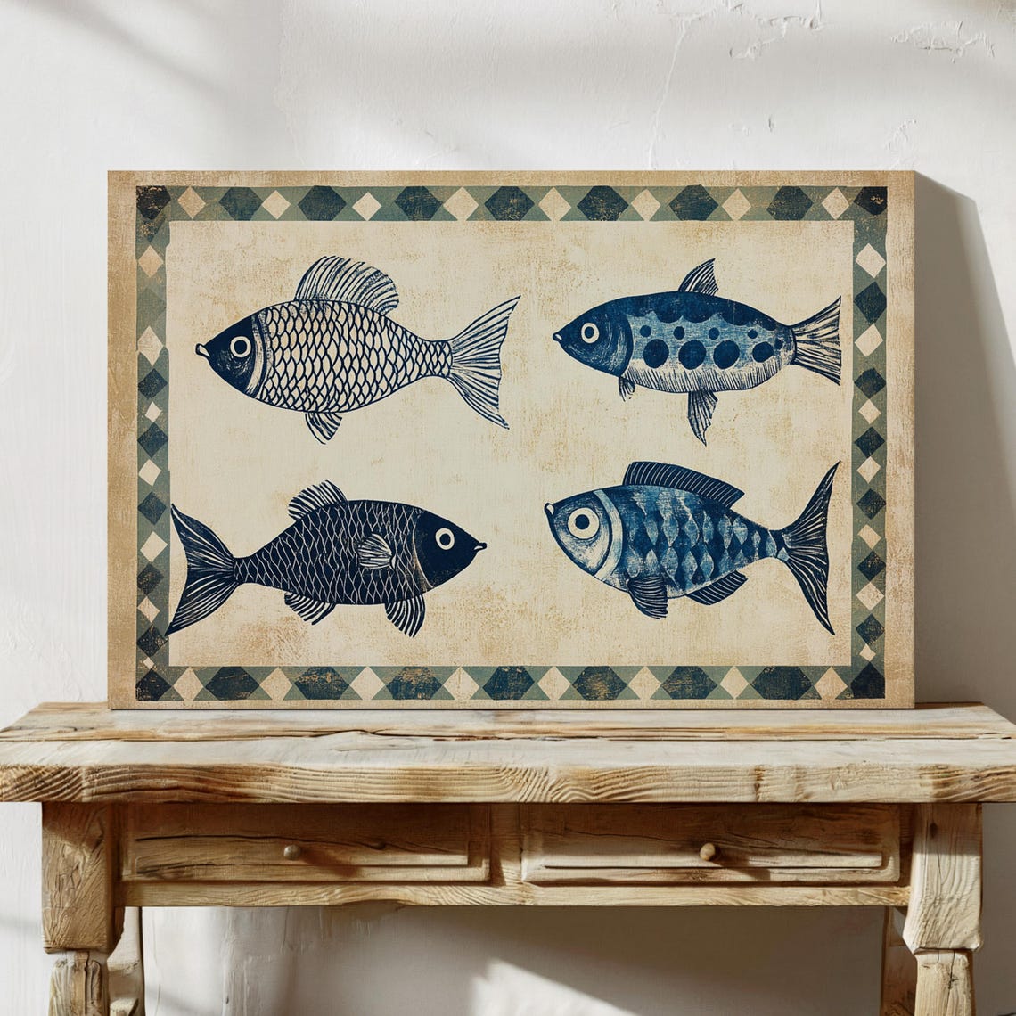 Navy Blue Fish Quartet Vintage Woodblock Style Coastal Ocean Poster - Image 3