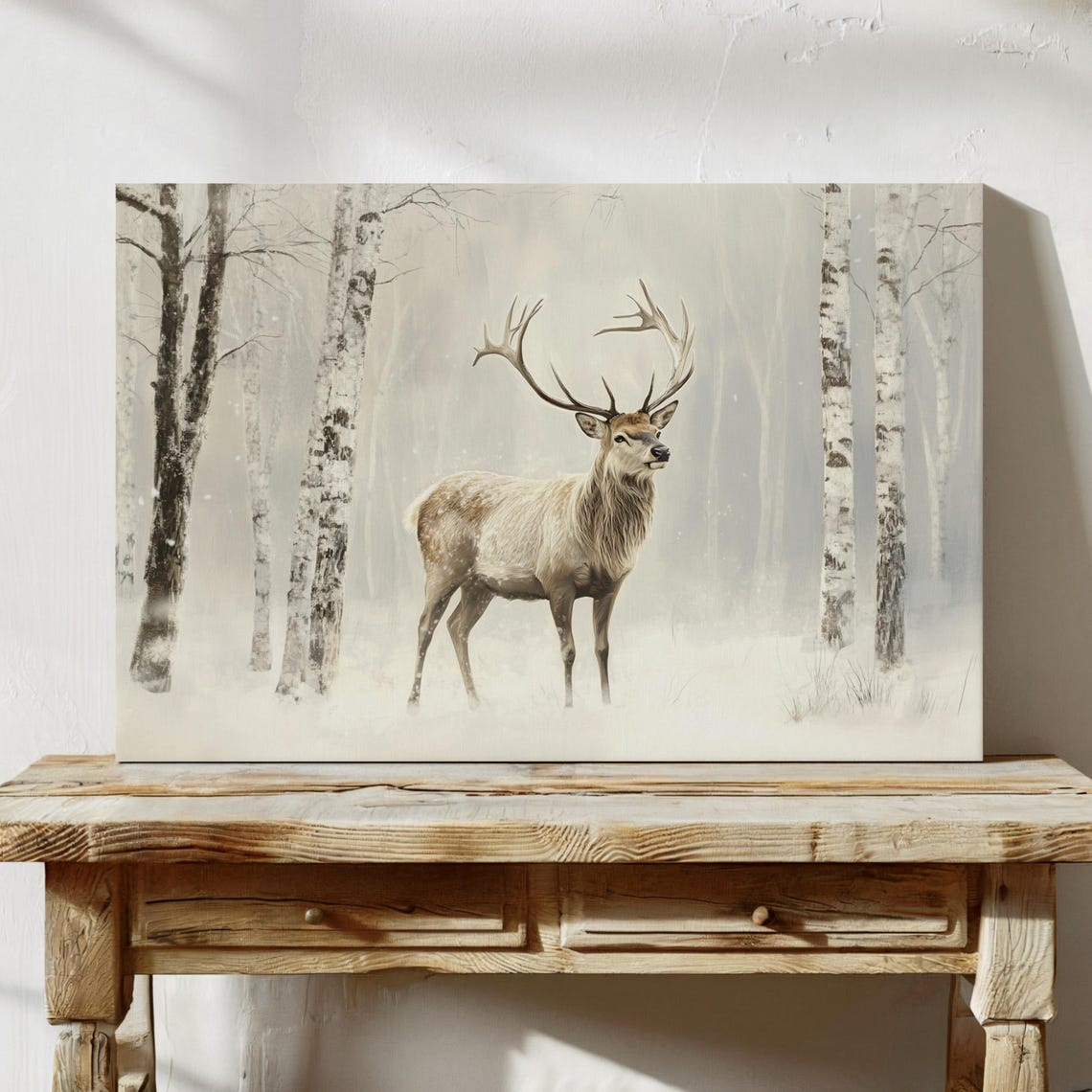 Majestic Stag Facing Forward In Snowy Birch Forest Warm Winter Poster - Image 7