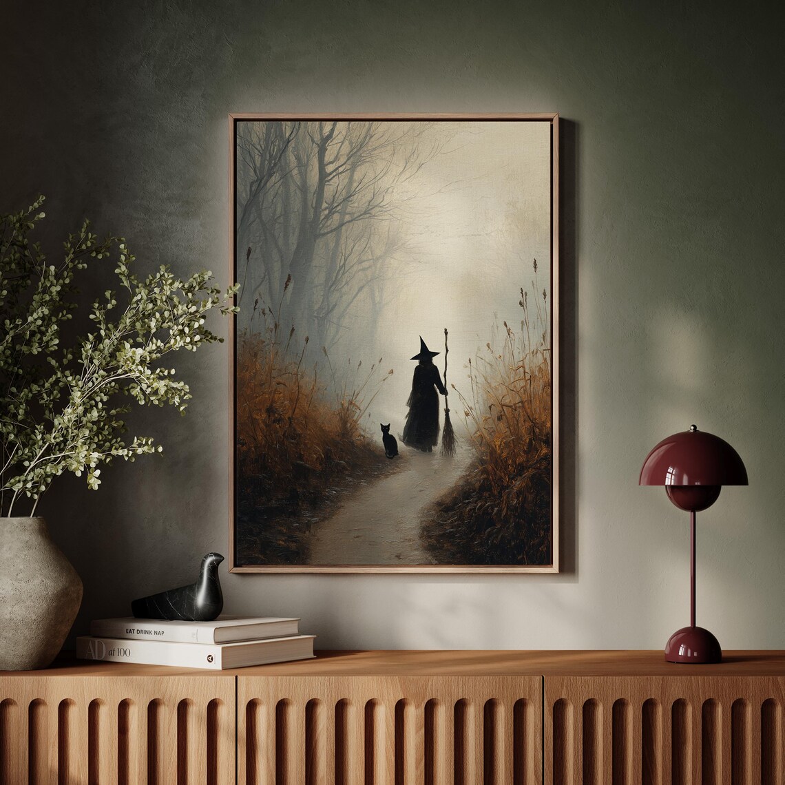 Witch And Black Cat, Gothic Halloween Art Print