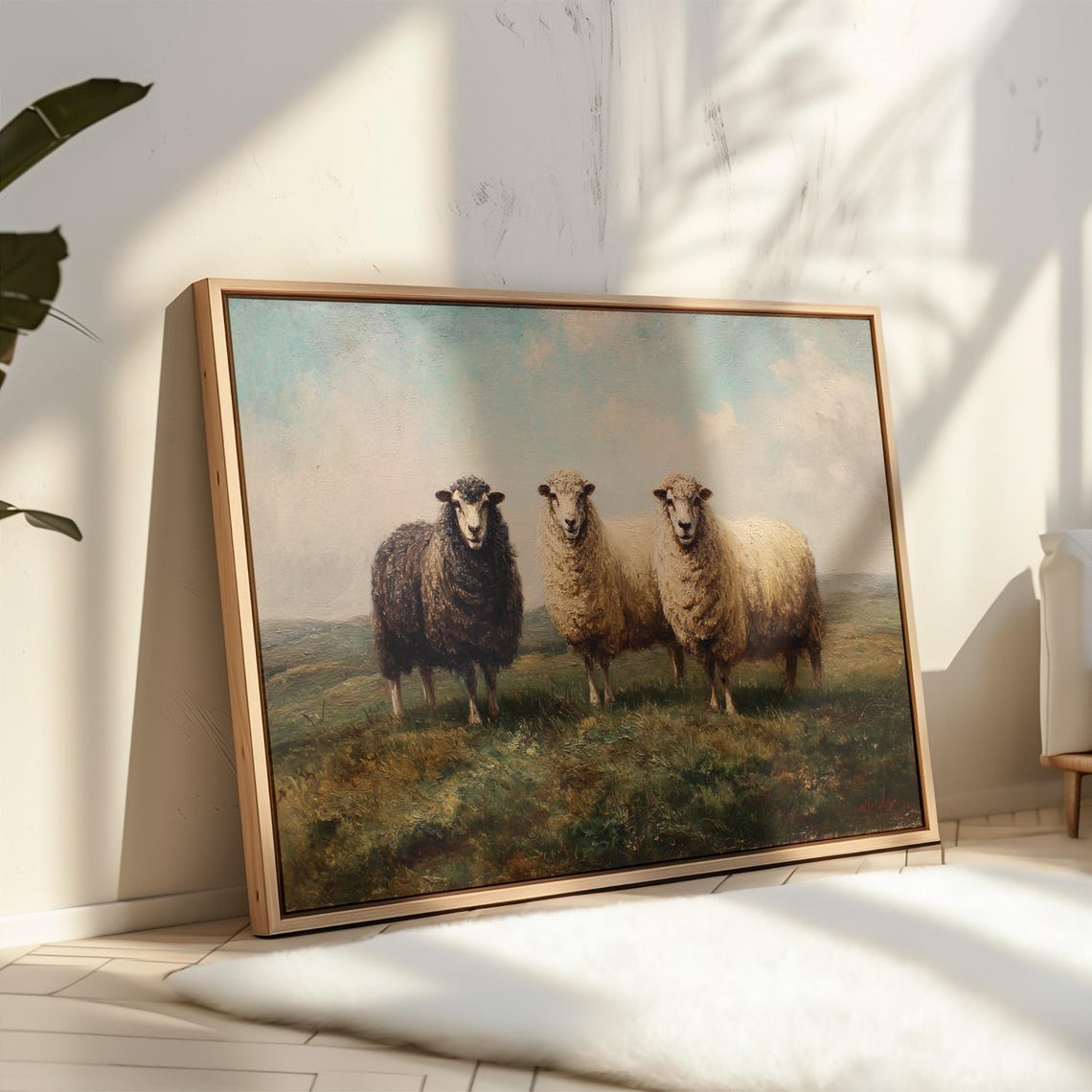 Three Sheep Standing in a Green Pasture Vintage Farm Animal Poster