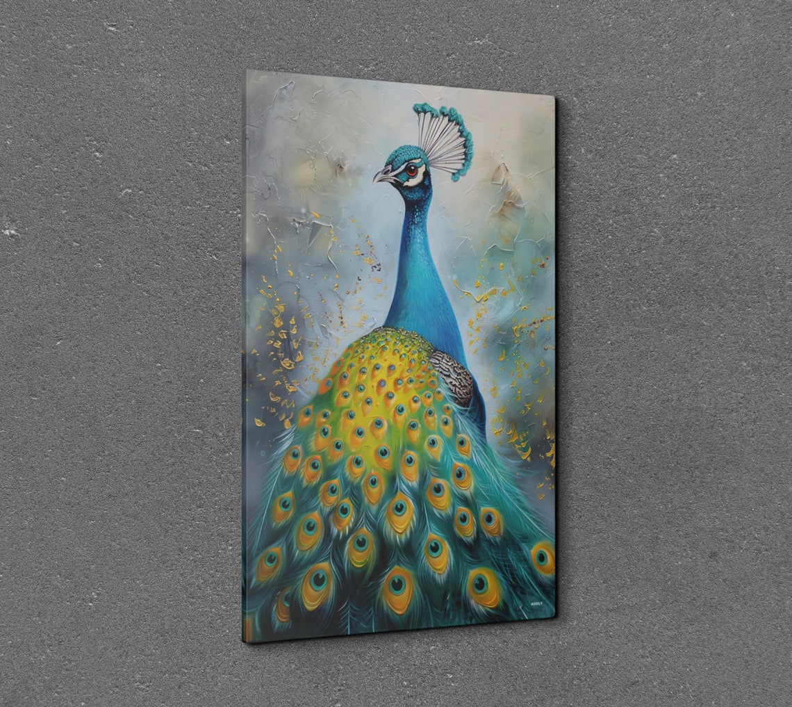 Peacock Full Plumage Textured Painting Turquoise Gold Bird Poster - Image 7