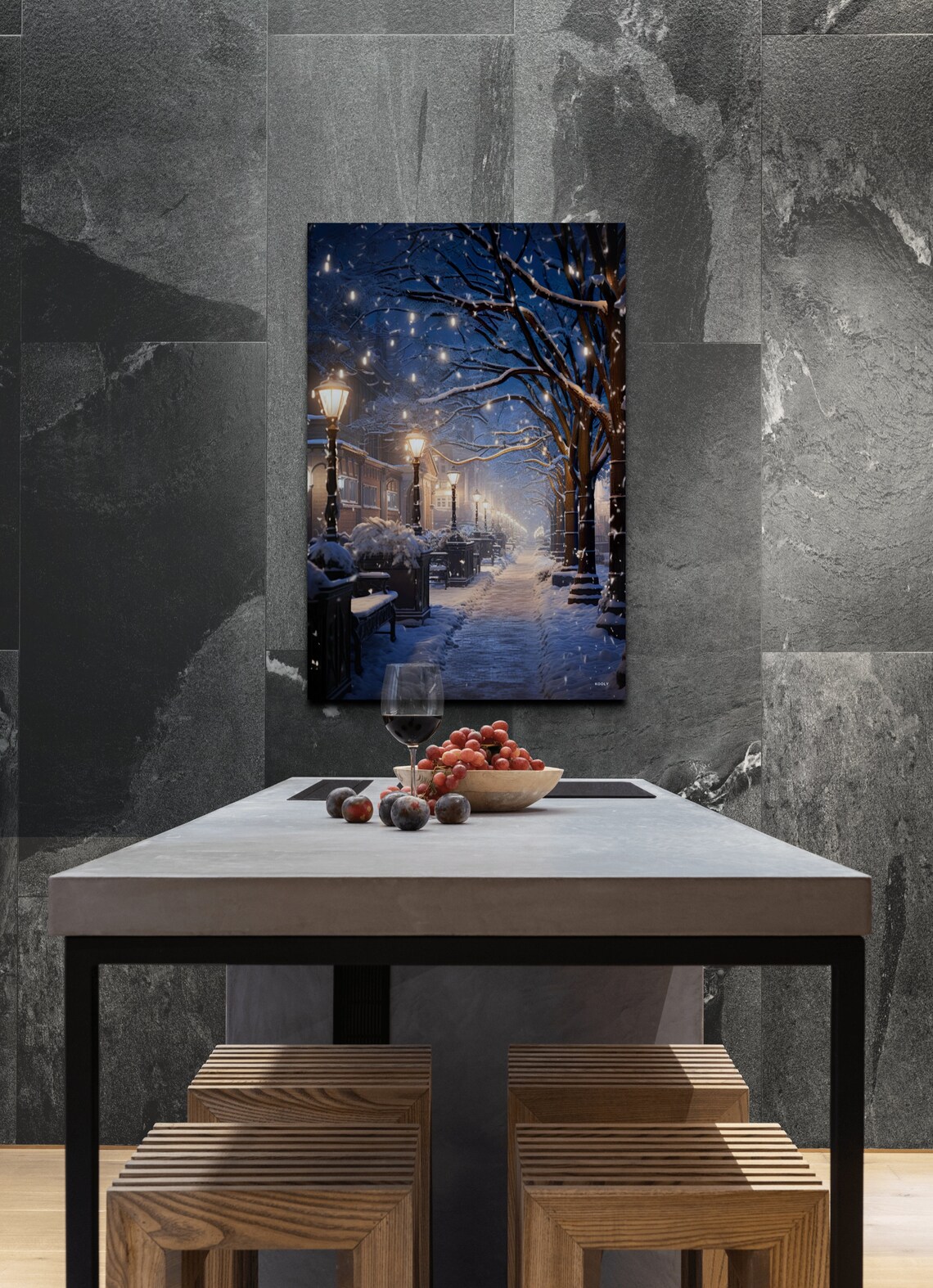 Snowy Winter Street Night Glowing Lamps Falling Snow Art Poster - Image 5