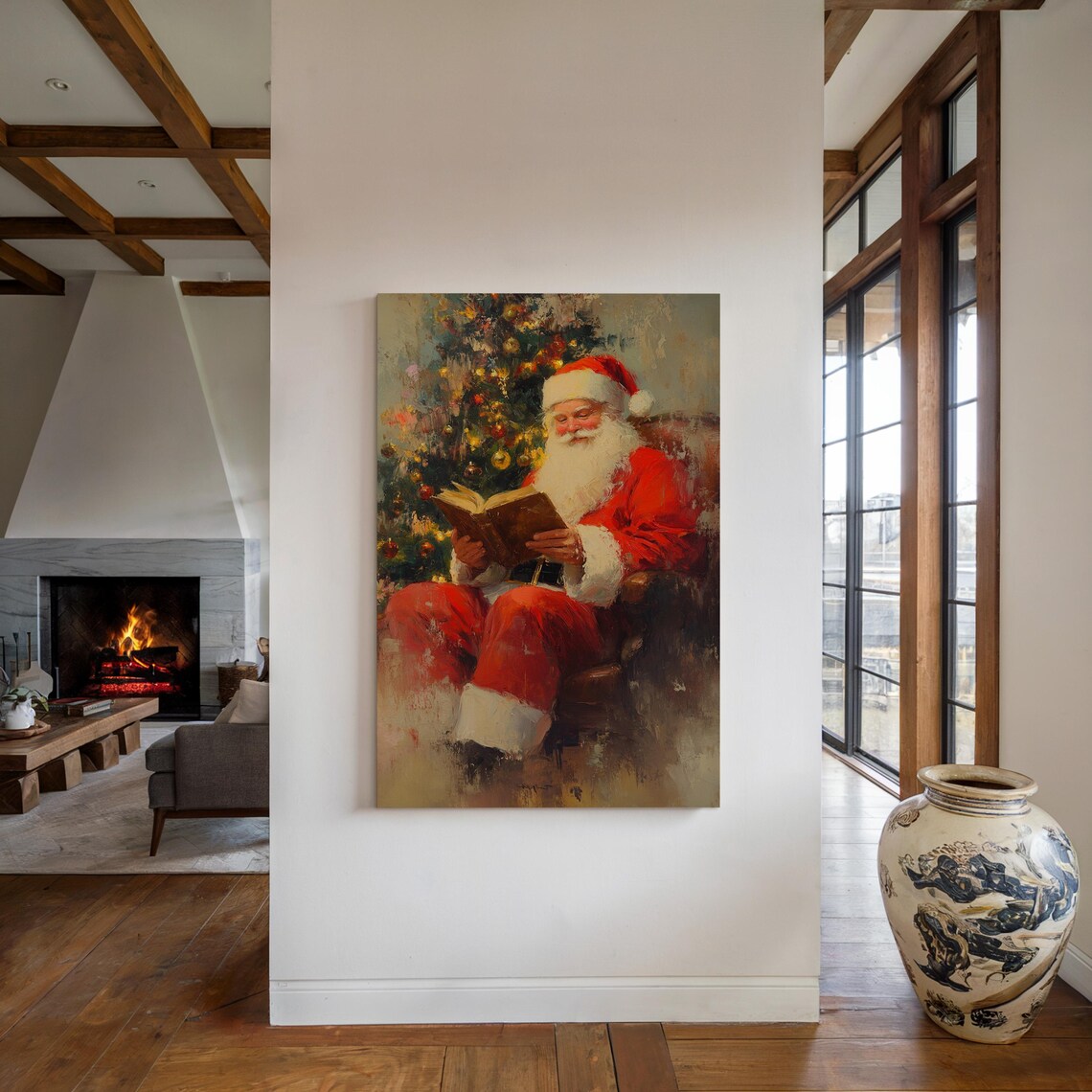 Santa Claus Reading a Book Beside the Christmas Tree Holiday Poster - Image 5