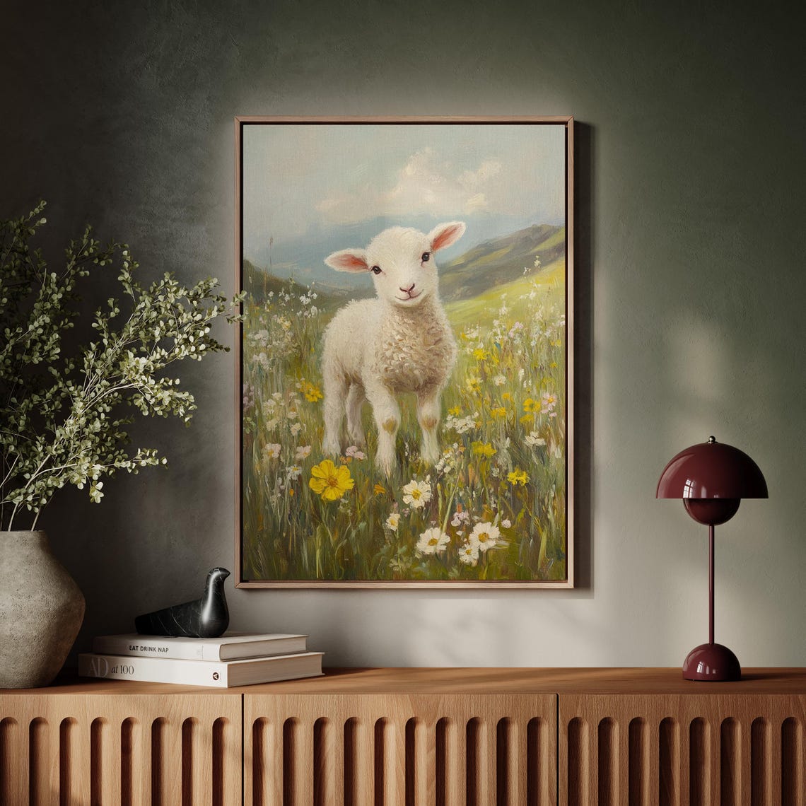 Whimsical Lamb In Wildflower Meadow Mountain Hills Spring Poster - Image 6