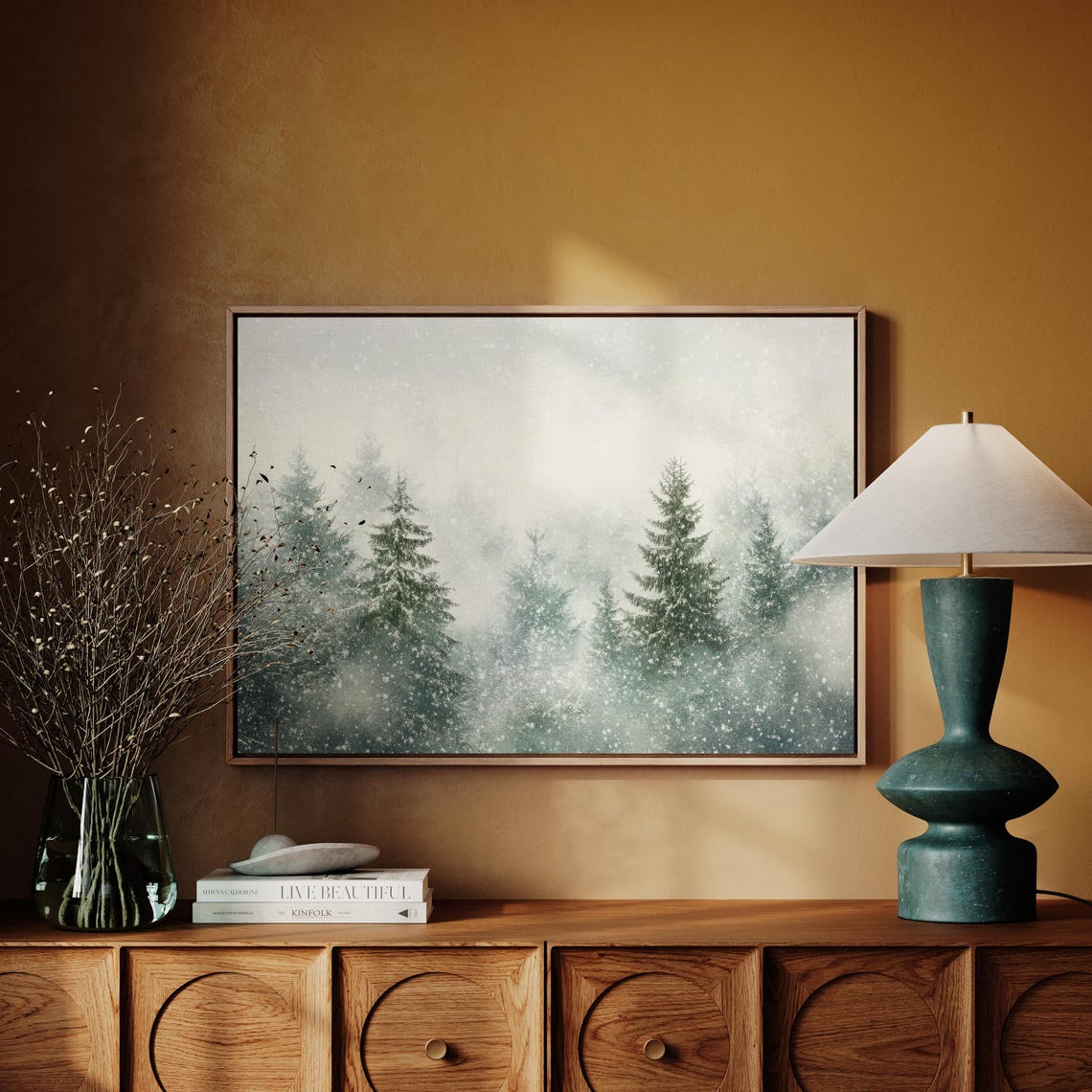 Misty Green Pine Forest In Falling Snow Soft Watercolor Winter Poster - Image 3