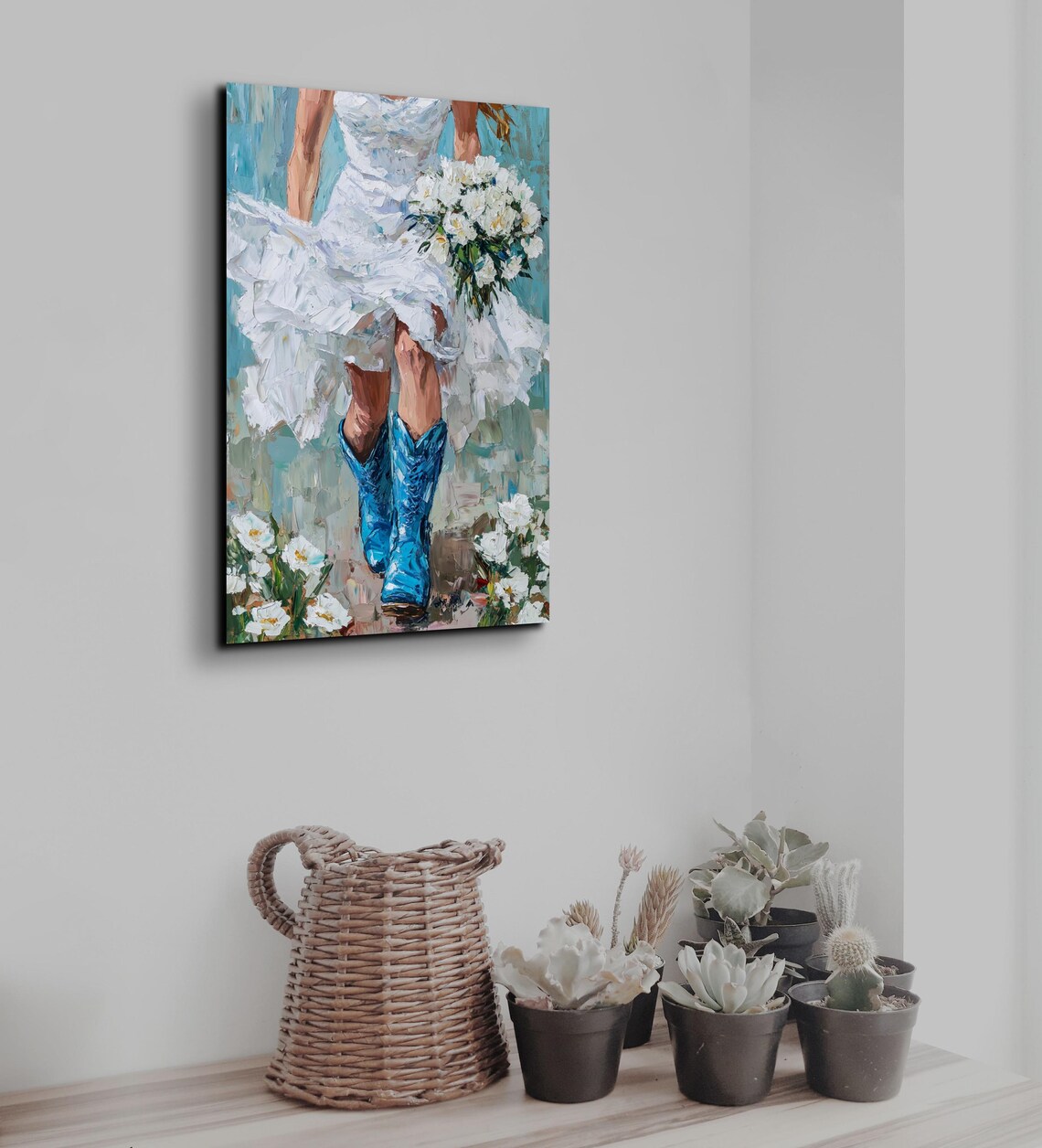 Cowgirl Blue Boots White Dress Daisy Bouquet Western Art Poster - Image 6