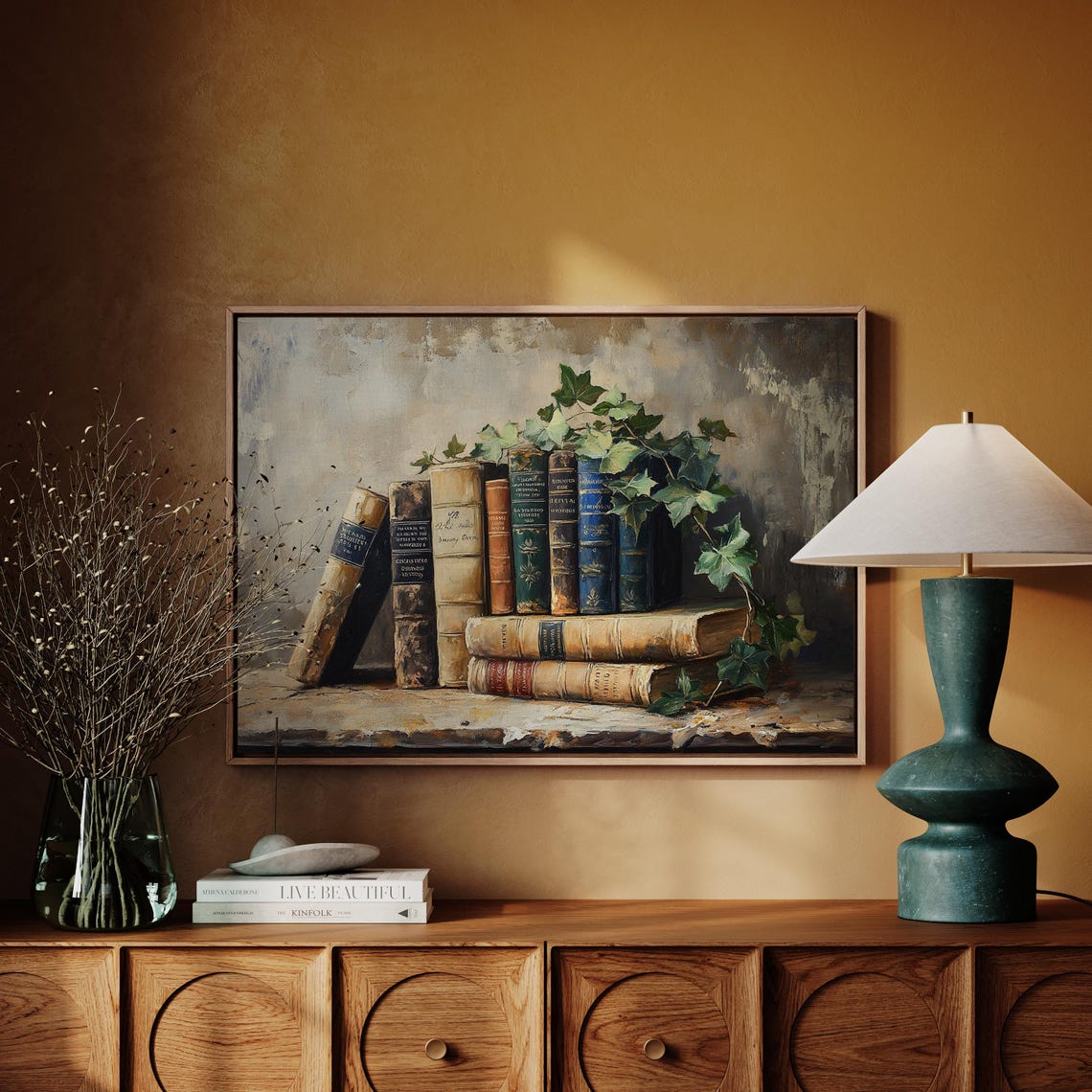 Antique Book Collection With Trailing Ivy Vintage Library Poster - Image 7