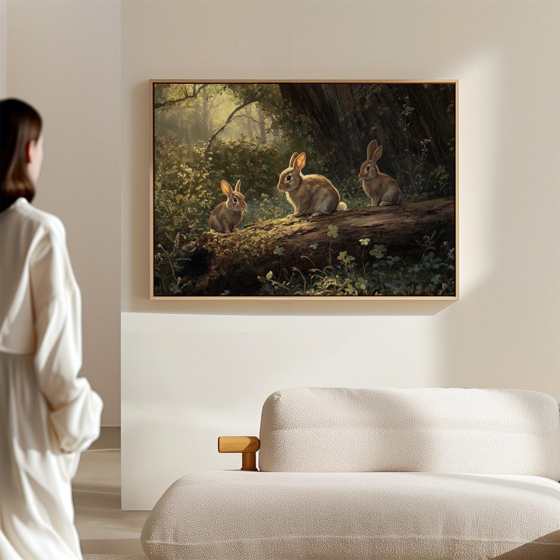 Three Rabbits on Mossy Log in Sunlit Forest Wildlife Painting Wall Art - Image 6