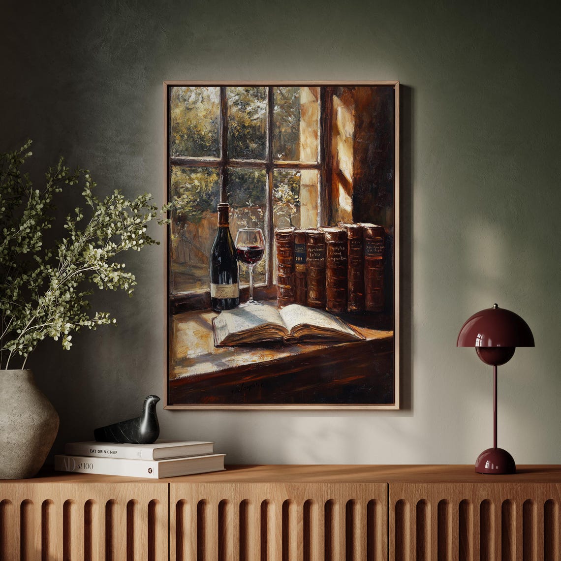 Rustic Wine Bottle and Books on Sunlit Window Sill Painting Poster - Image 7