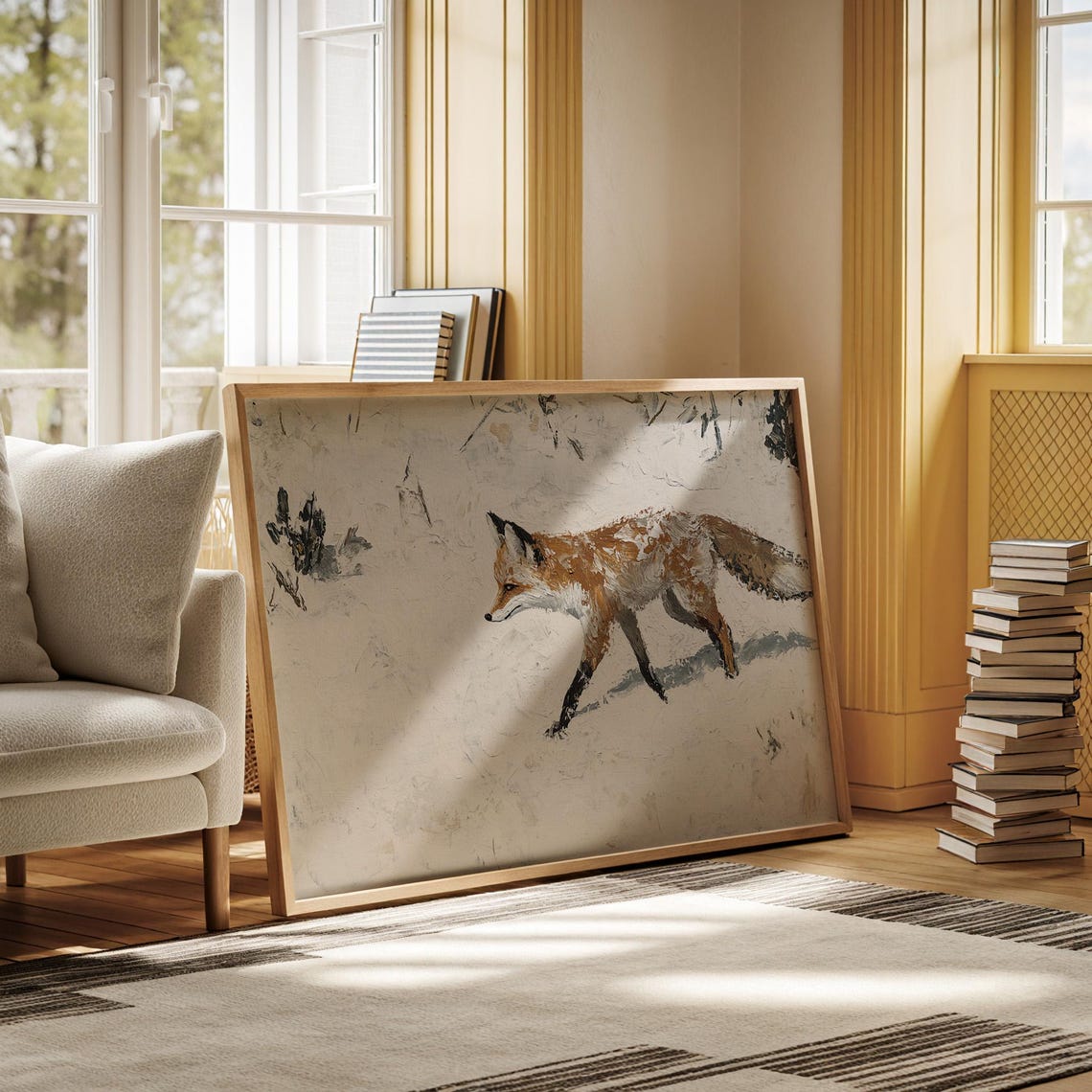 Red Fox Walking Through Fresh Snow Minimalist Wildlife Poster
