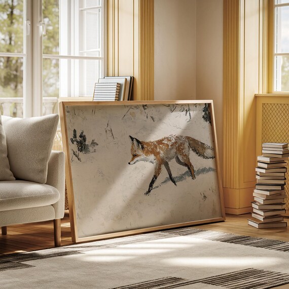 Red Fox Walking Through Fresh Snow Minimalist Wildlife Poster
