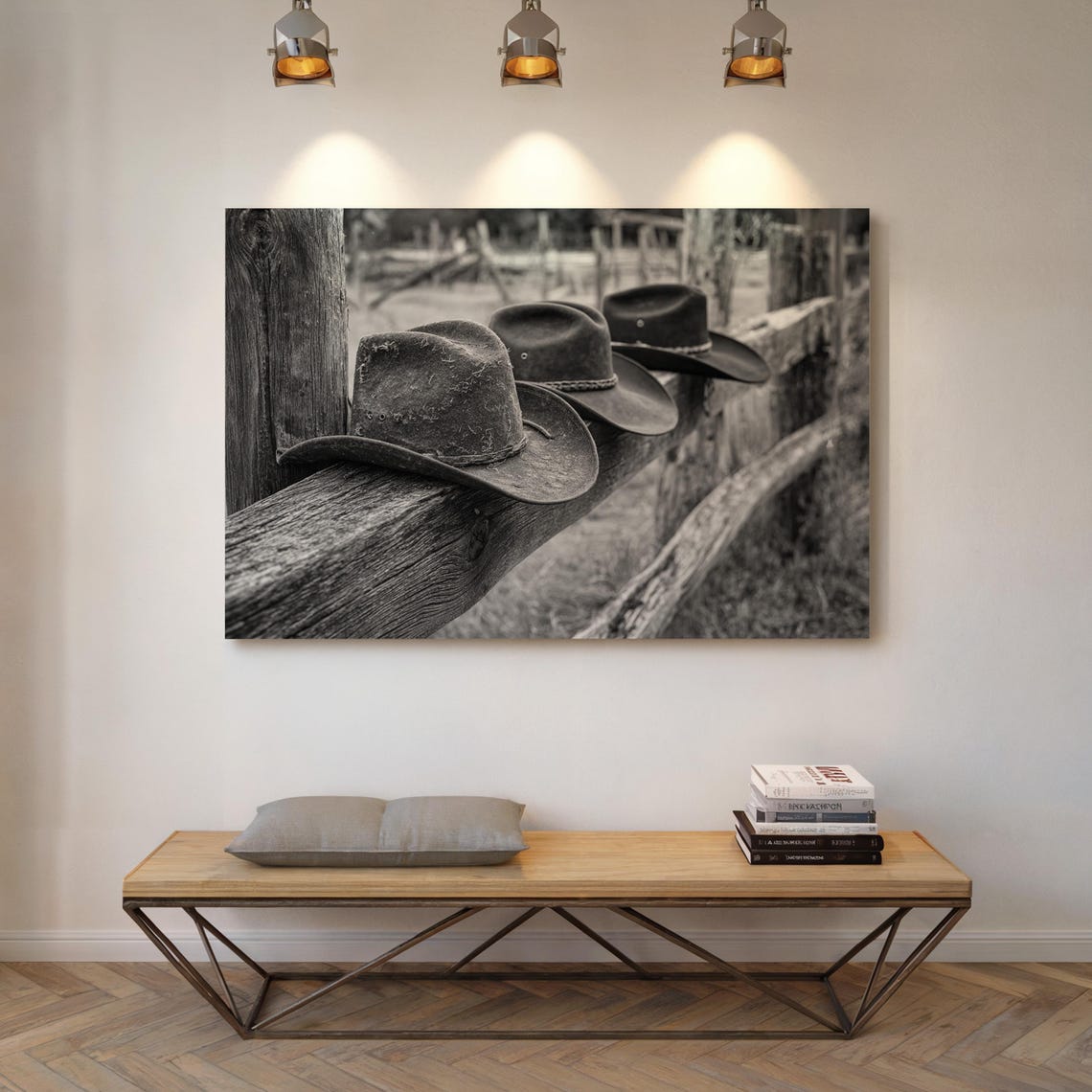 Cowboy Hats On Fence Rail Rustic Western Ranch Black White Poster