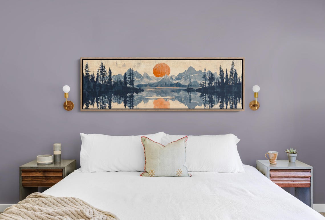 Blue Monochrome Mountain Lake Single Orange Sun Reflection Art Poster - Image 4