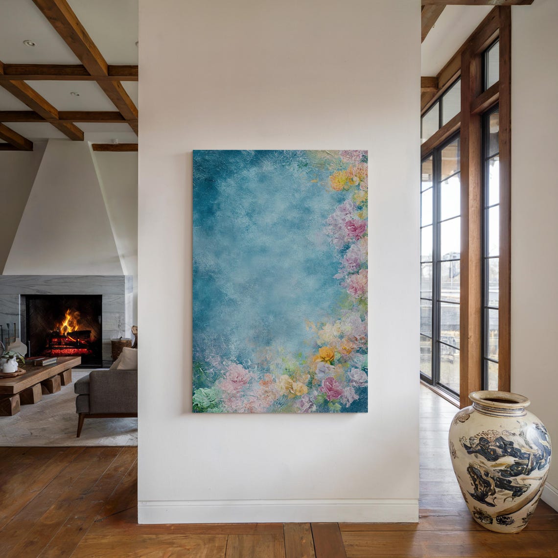 Pastel Blossoms On Teal Textured Abstract Floral Modern Art Poster - Image 5