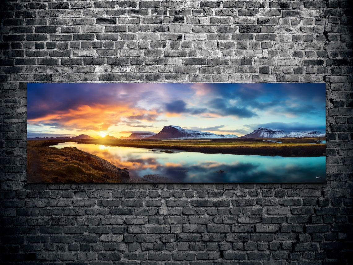 Sunset River Valley Beneath Mountain Peaks Panoramic Art Poster - Image 2