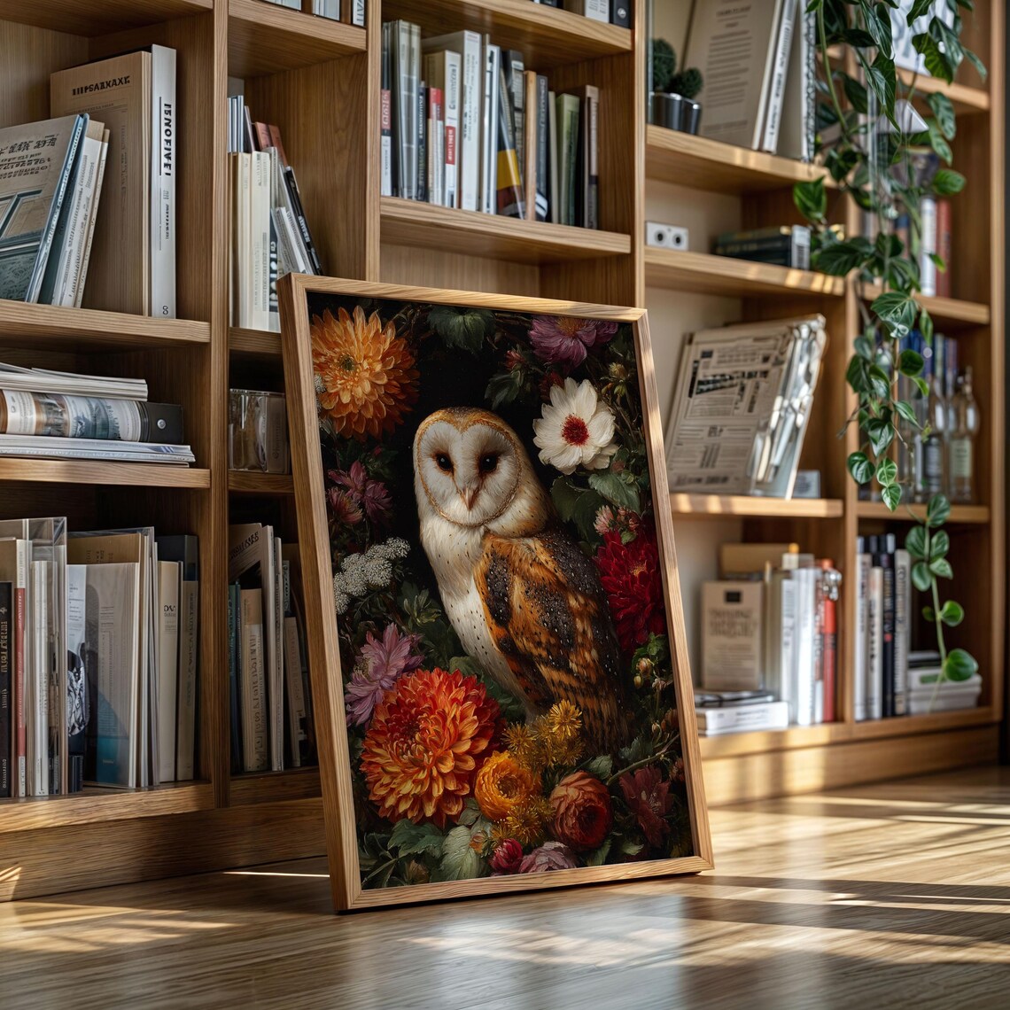 Barn Owl Among Autumn Dahlias Vintage Botanical Floral Poster