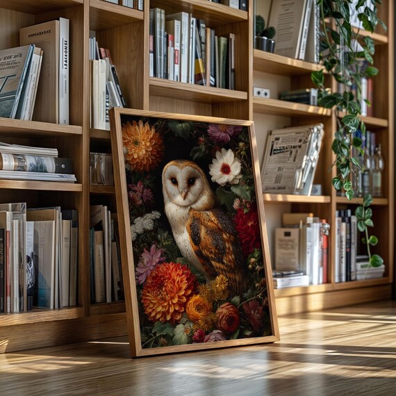 Barn Owl Among Autumn Dahlias Vintage Botanical Floral Poster