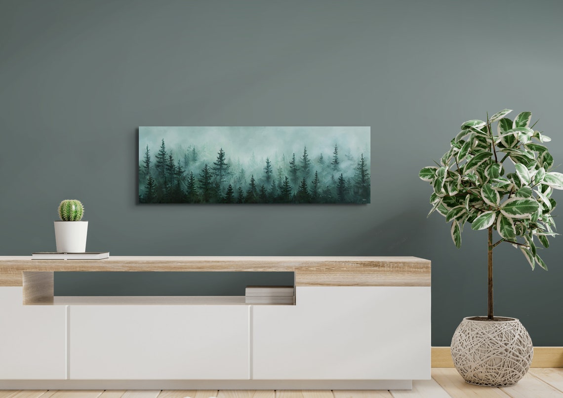 Watercolor Pale Green Fog Veiling a Quiet Pine Forest Poster - Image 7