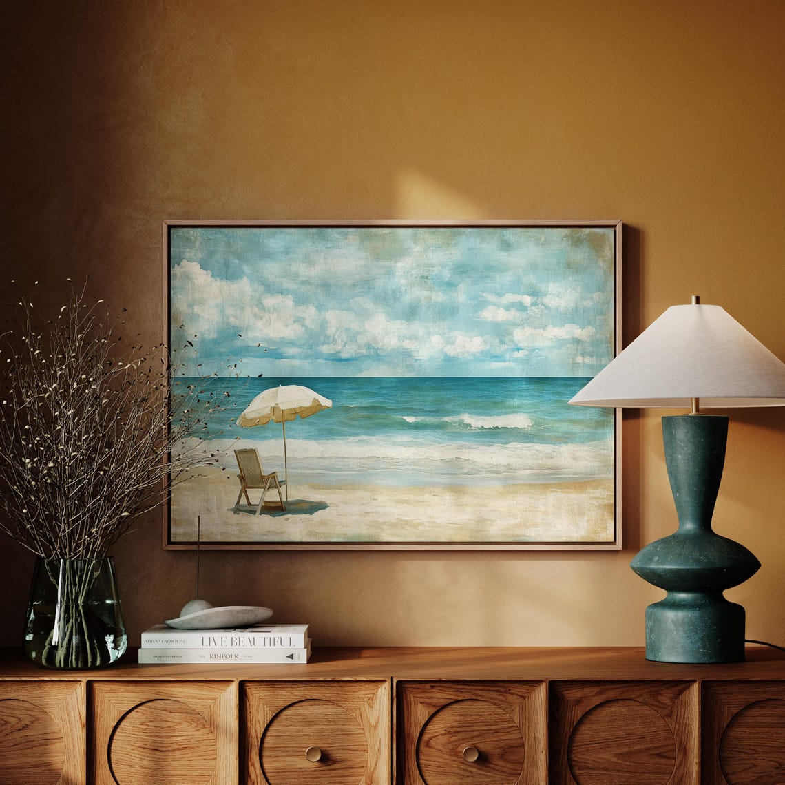Vintage Beach Umbrella Wooden Chair Coastal Ocean Waves Poster - Image 4
