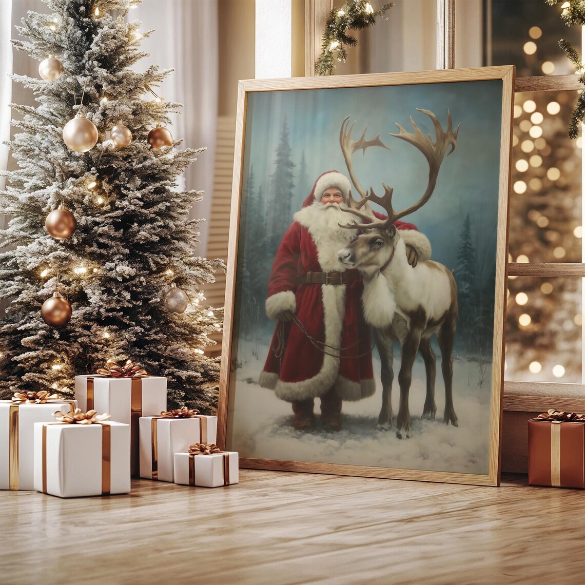 Classic Santa Claus With Reindeer, Christmas Poster