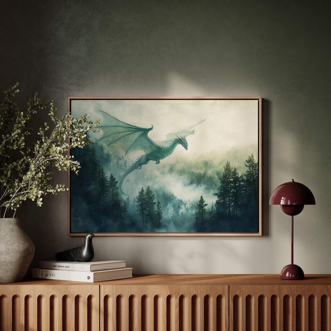 Majestic Dragon Over Misty Forest Fantasy Art Print