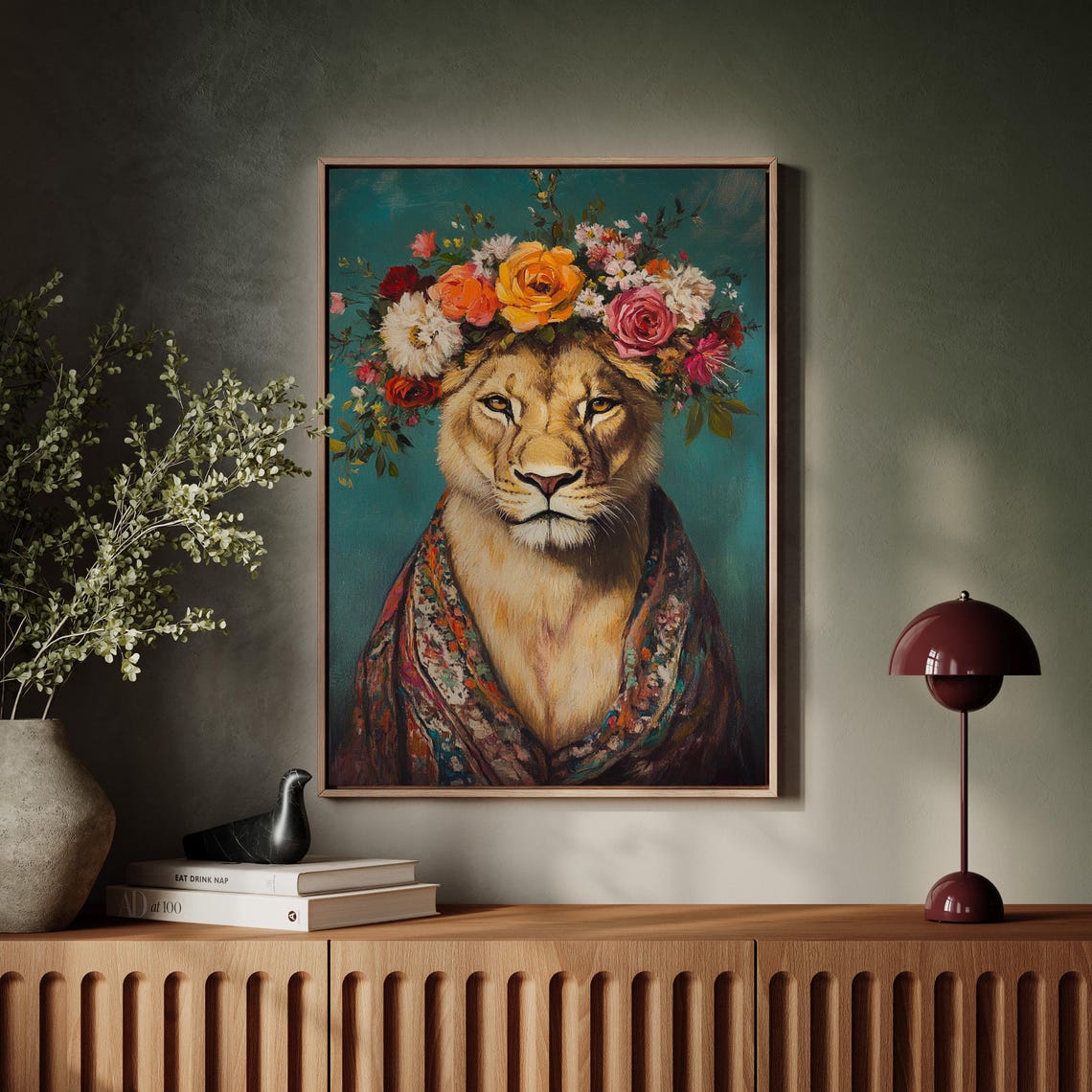 Lioness Flower Crown Orange Roses Patterned Shawl Regal Poster - Image 7