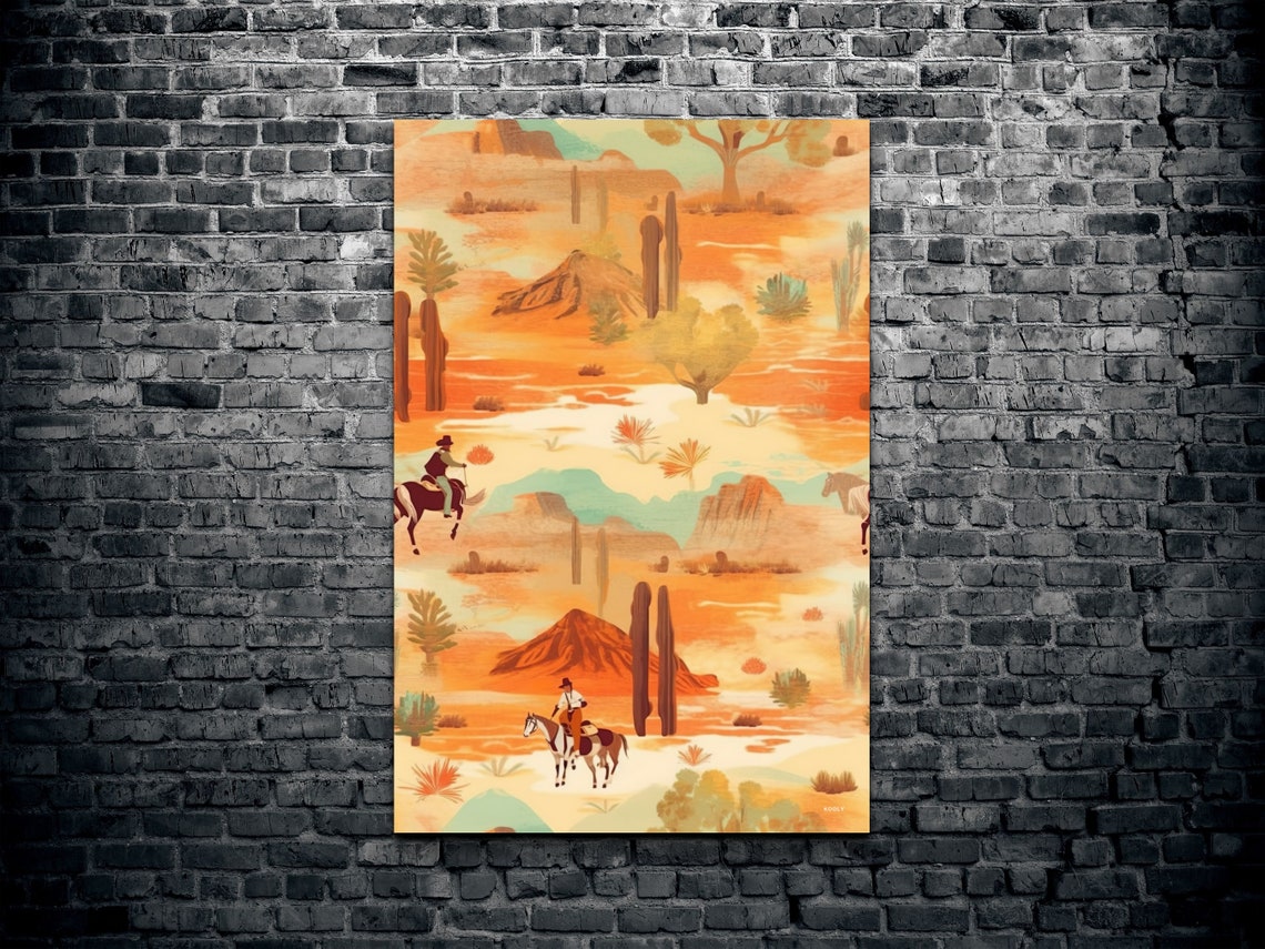 Desert Cowboys Riding Through Cactus Valley Illustration Poster - Image 2