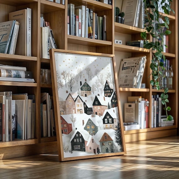 Snowy Village Winter Illustration Scandinavian Christmas Town Poster