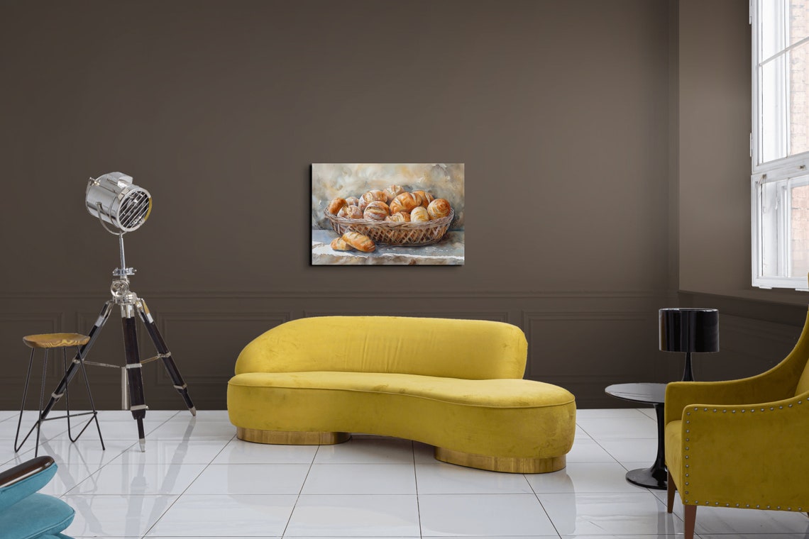 Watercolor Basket of Fresh Baked Bread Rolls Kitchen Wall Art - Image 4